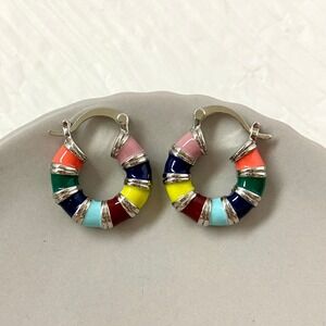 14K White Gold Plated‎ Multi Color Enamel Stripe Huggie Hoop Earrings